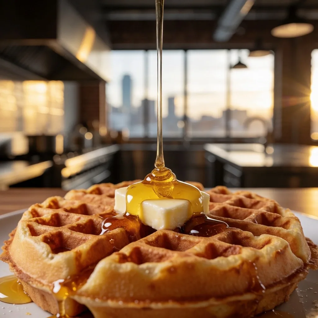 A close-up of a freshly made waffle on a ceramic plate under warm amber light