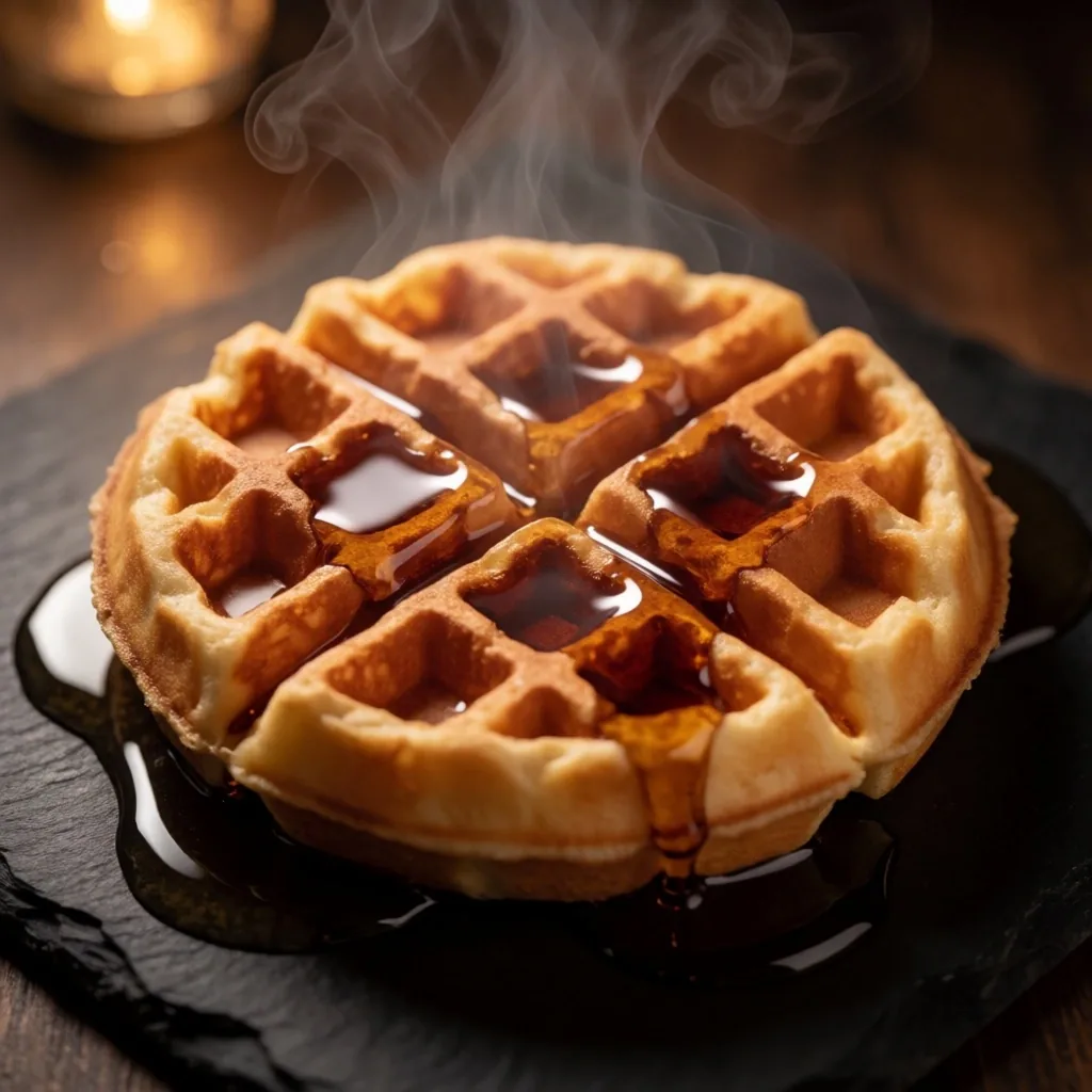 Close-up of a fresh waffle with syrup on a dark surface