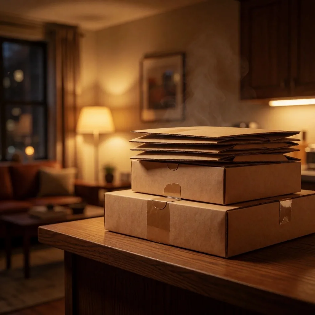 Stack of takeout delivery boxes on a dark counter