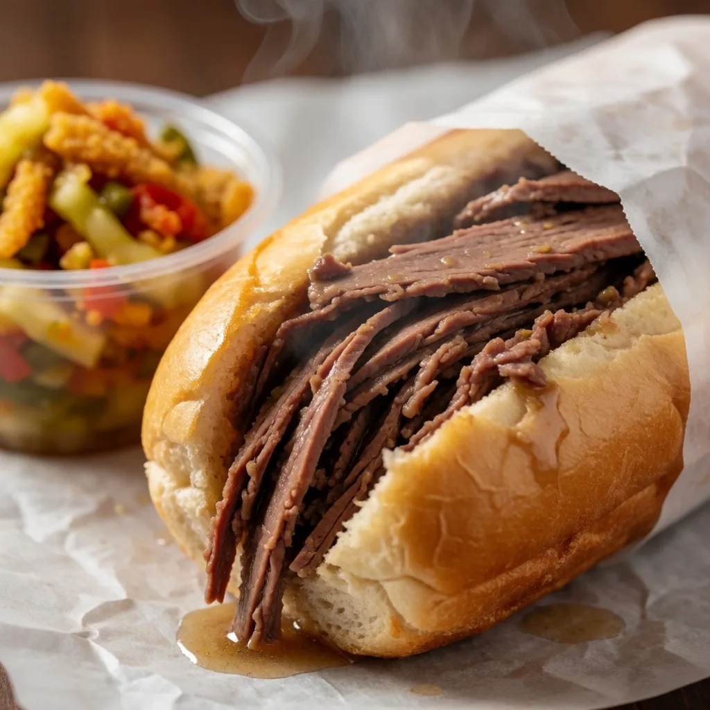 Chicago-style Italian beef sandwich in a paper wrapper