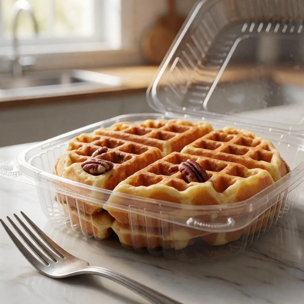 Delivered pecan waffle with visible pecan pieces