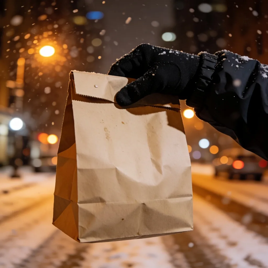 Delivery bag with frozen condensation on a snowy sidewalk