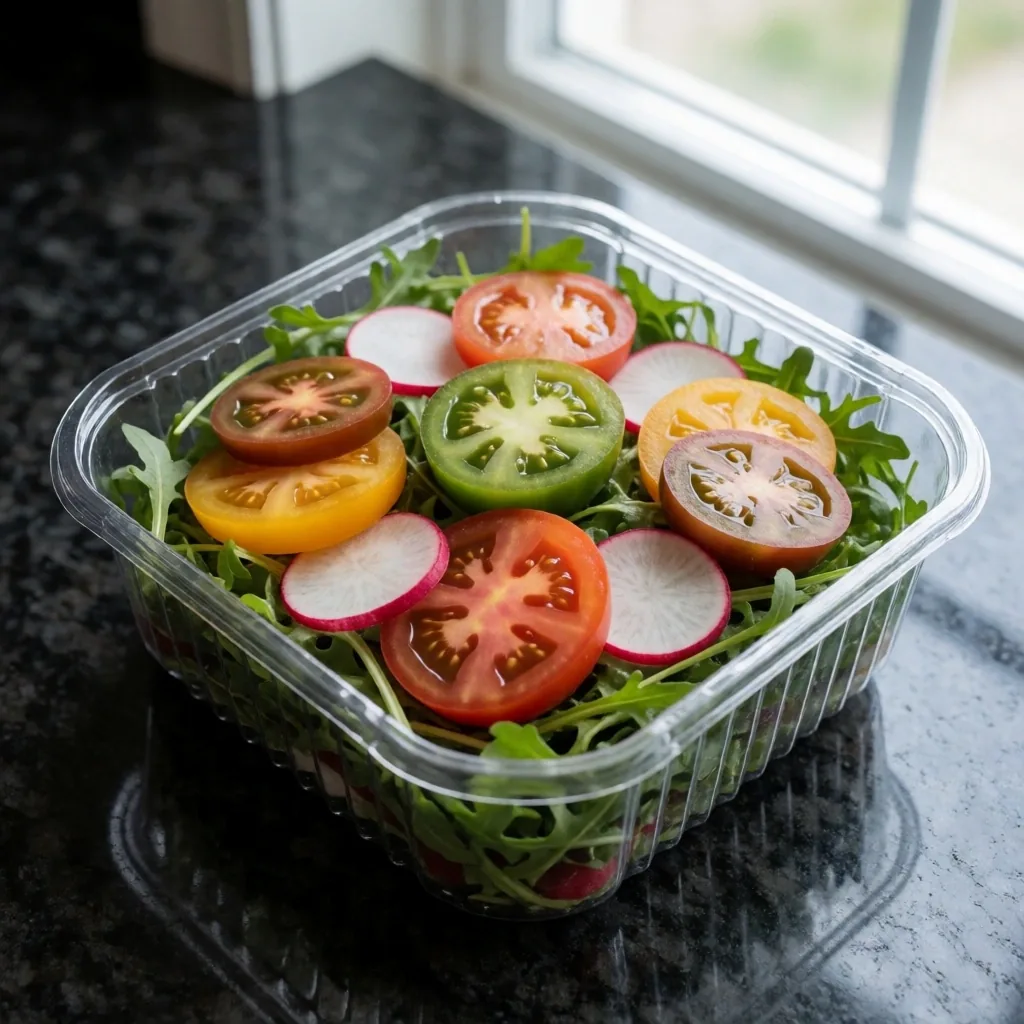 Fresh delivered salad in a clear container