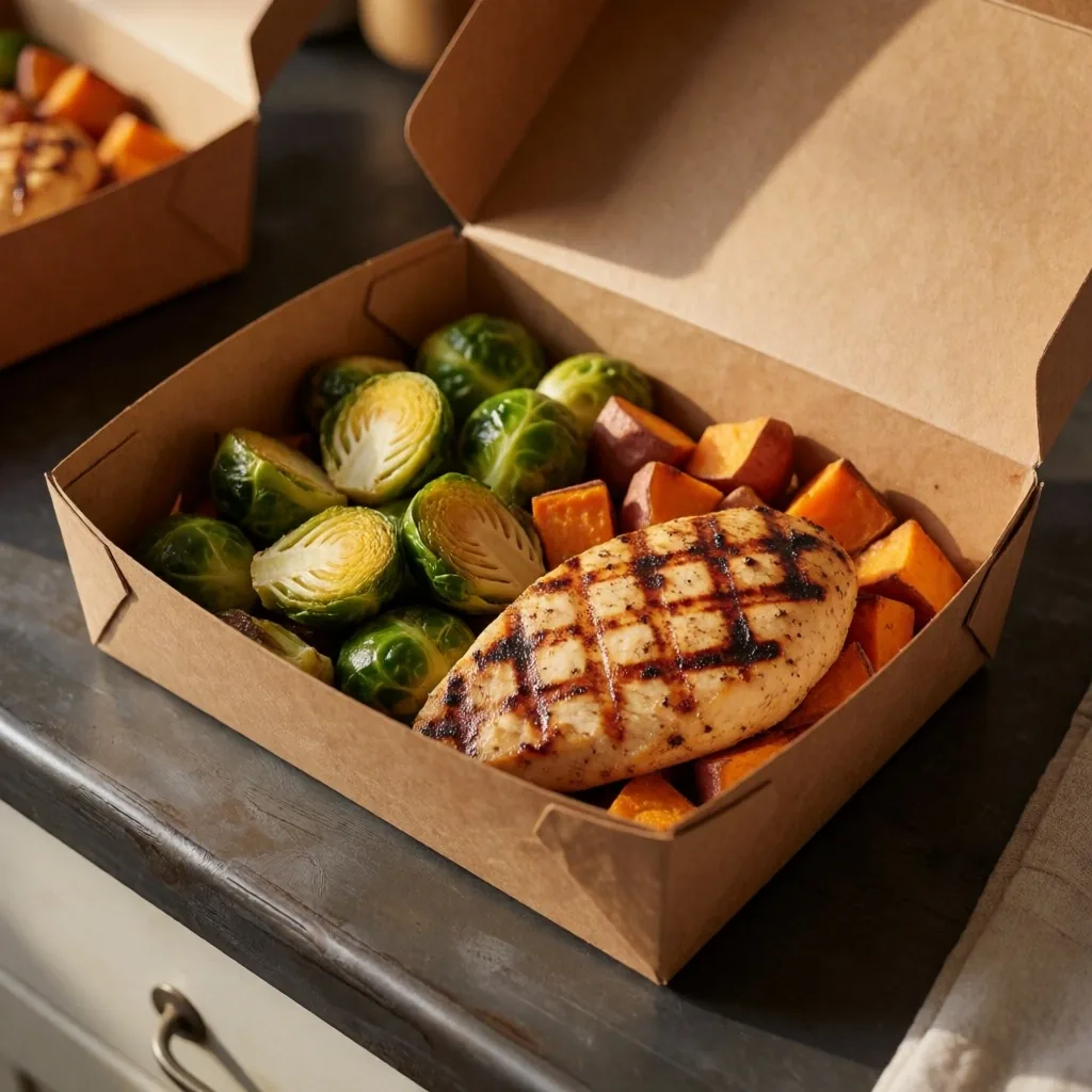 Grilled chicken with roasted vegetables in a cardboard container