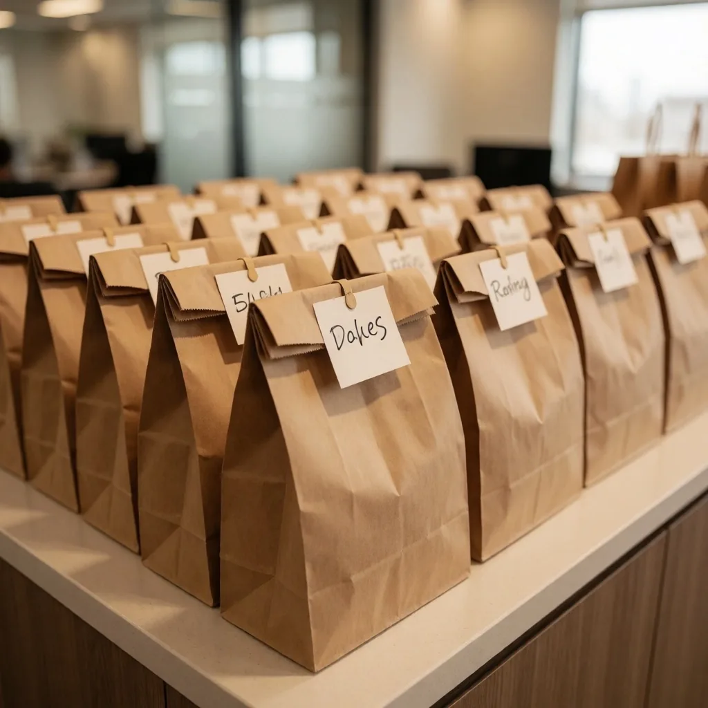 Handwritten name tags on delivery bags
