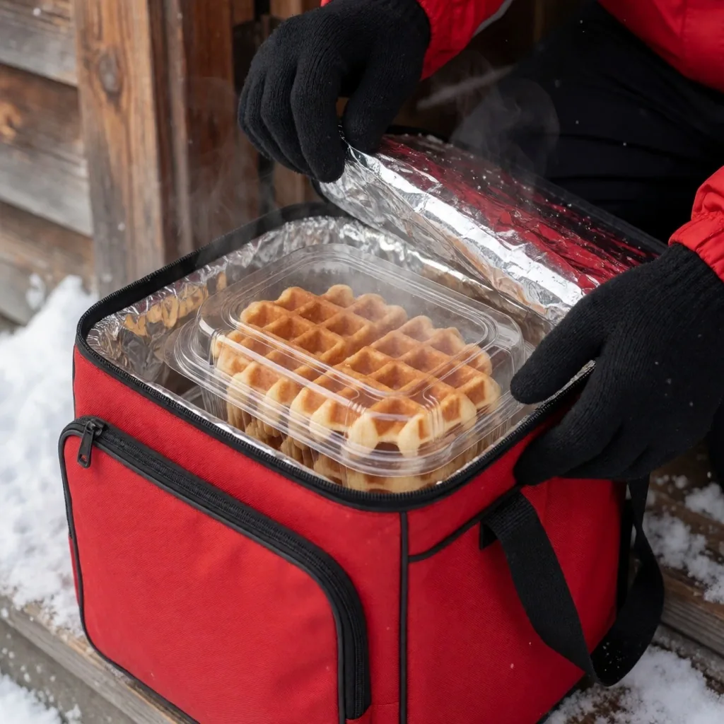 Insulated delivery bag opened on a snowy porch at night