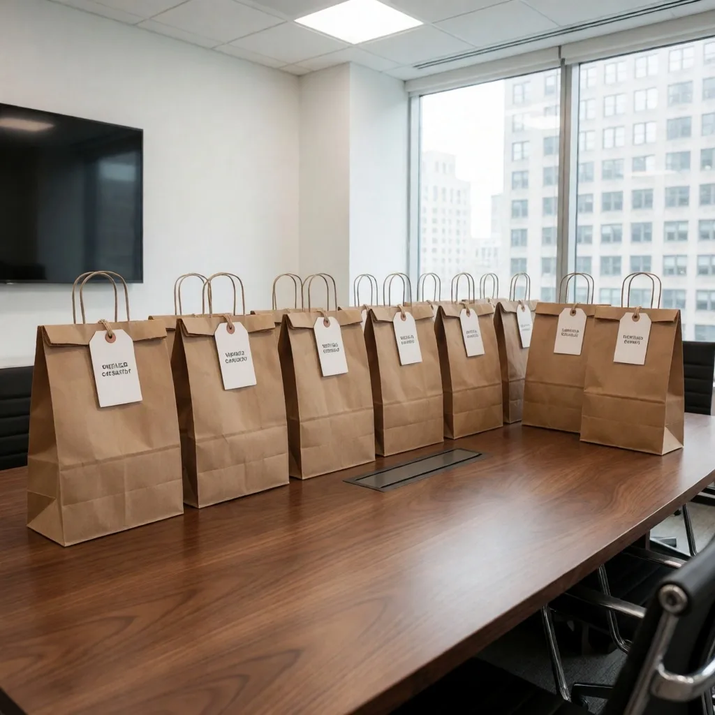 Multiple labeled delivery bags arranged on a conference table