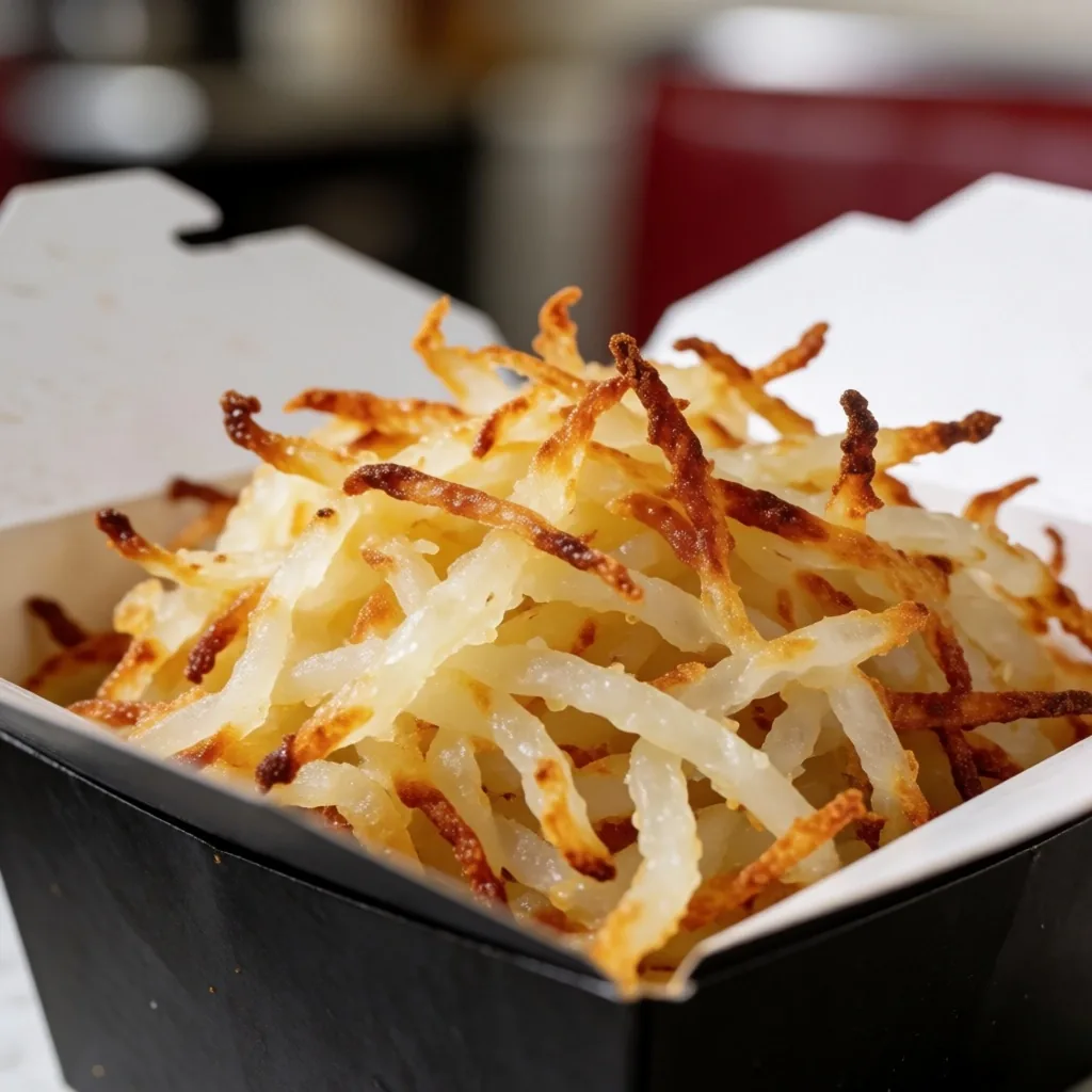 Scattered hash browns in an opened delivery container
