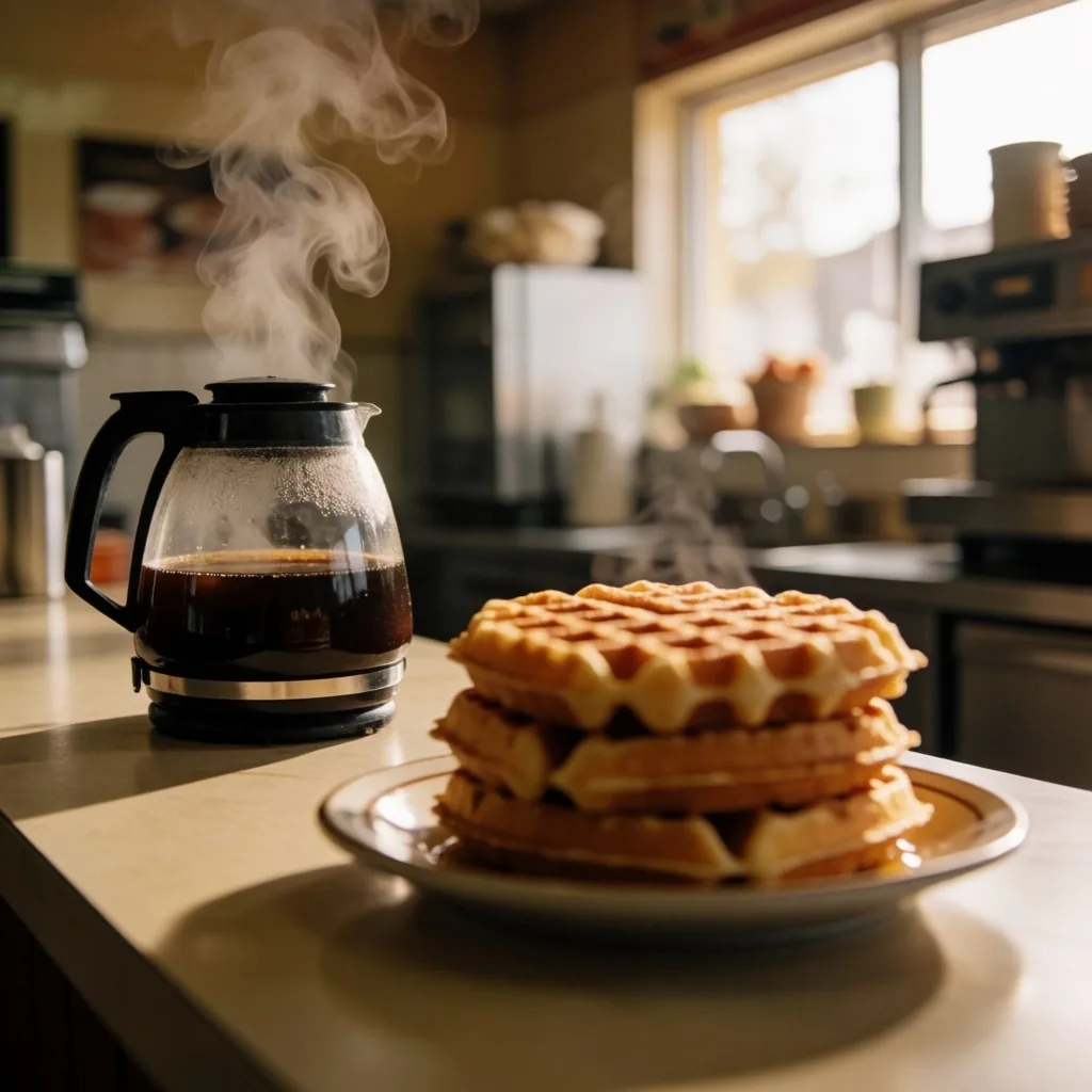 Empty Waffle House counter at dawn, warm light on griddle