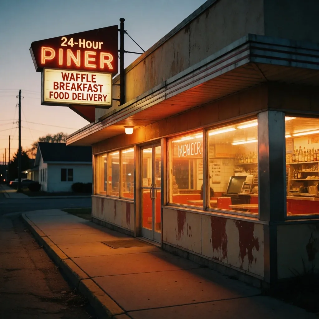 American diner exterior at night with neon signage