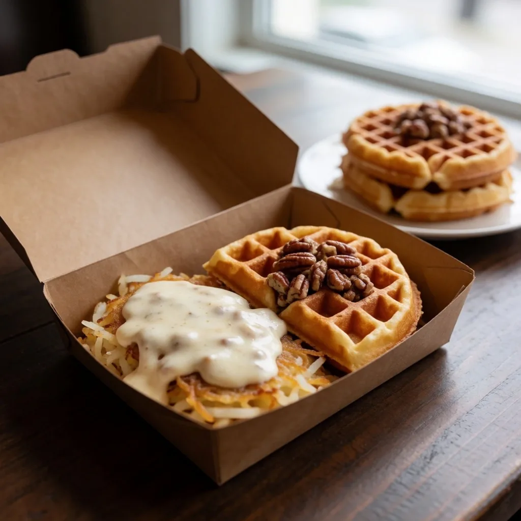 Delivered hash browns with cheese and pecan waffles