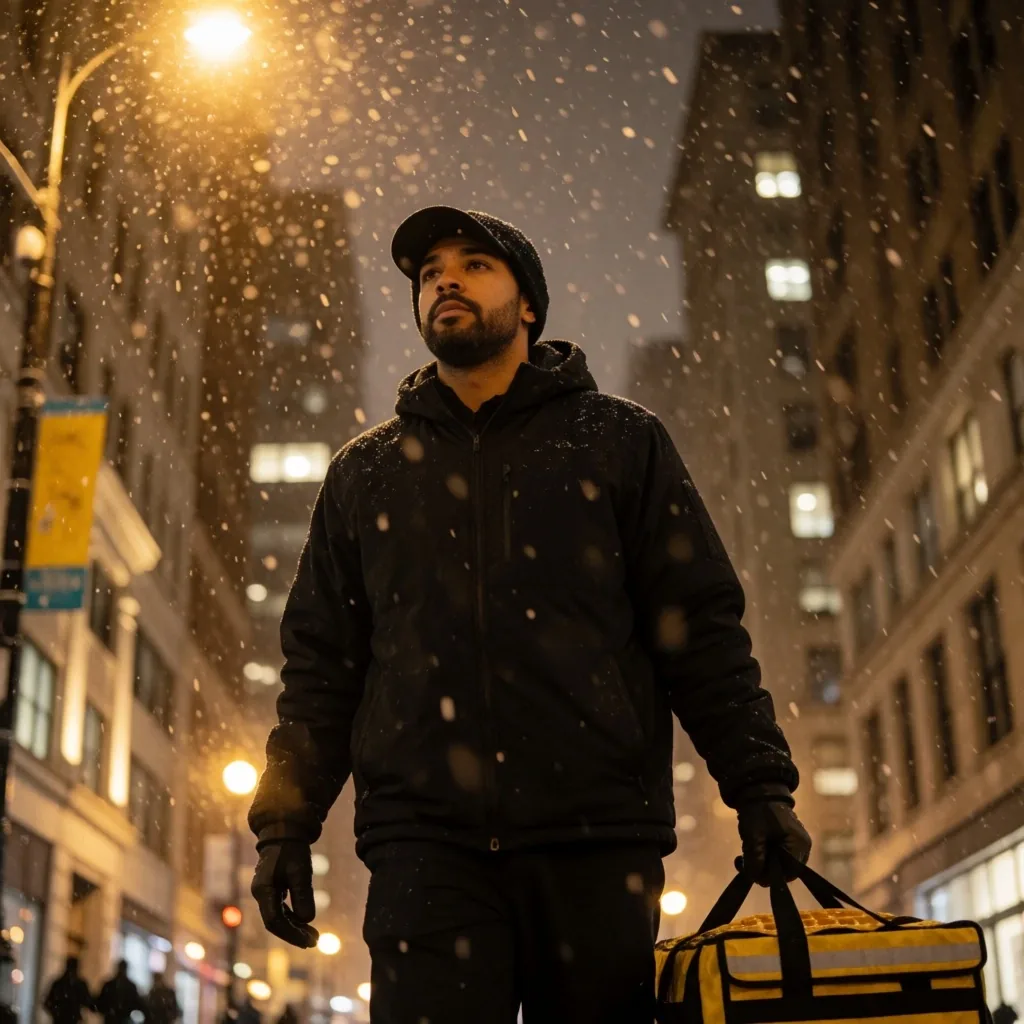Delivery driver walking through snow toward a building entrance