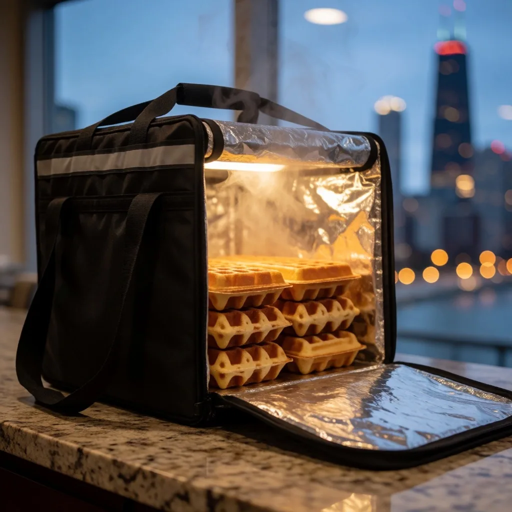 Open delivery bag with takeout containers on a counter