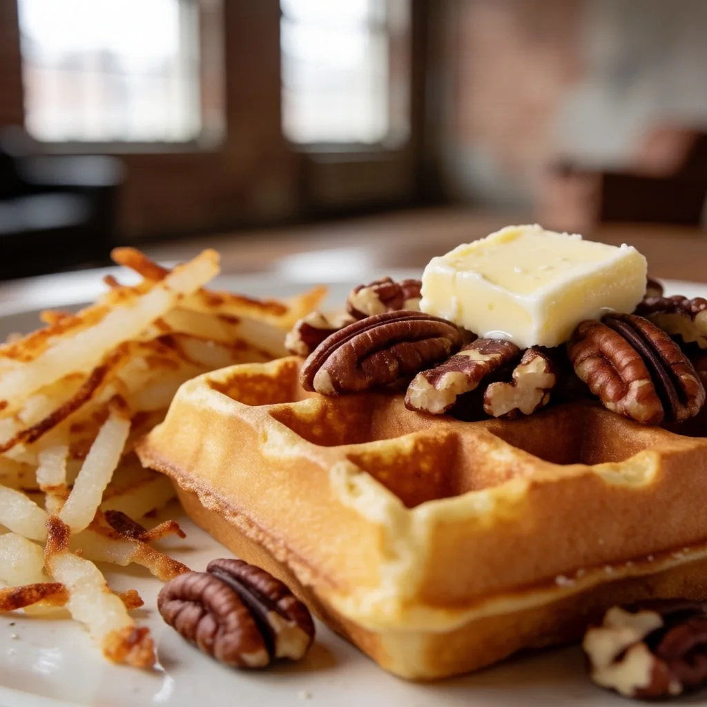 Pecan waffle with hash browns on a dark plate