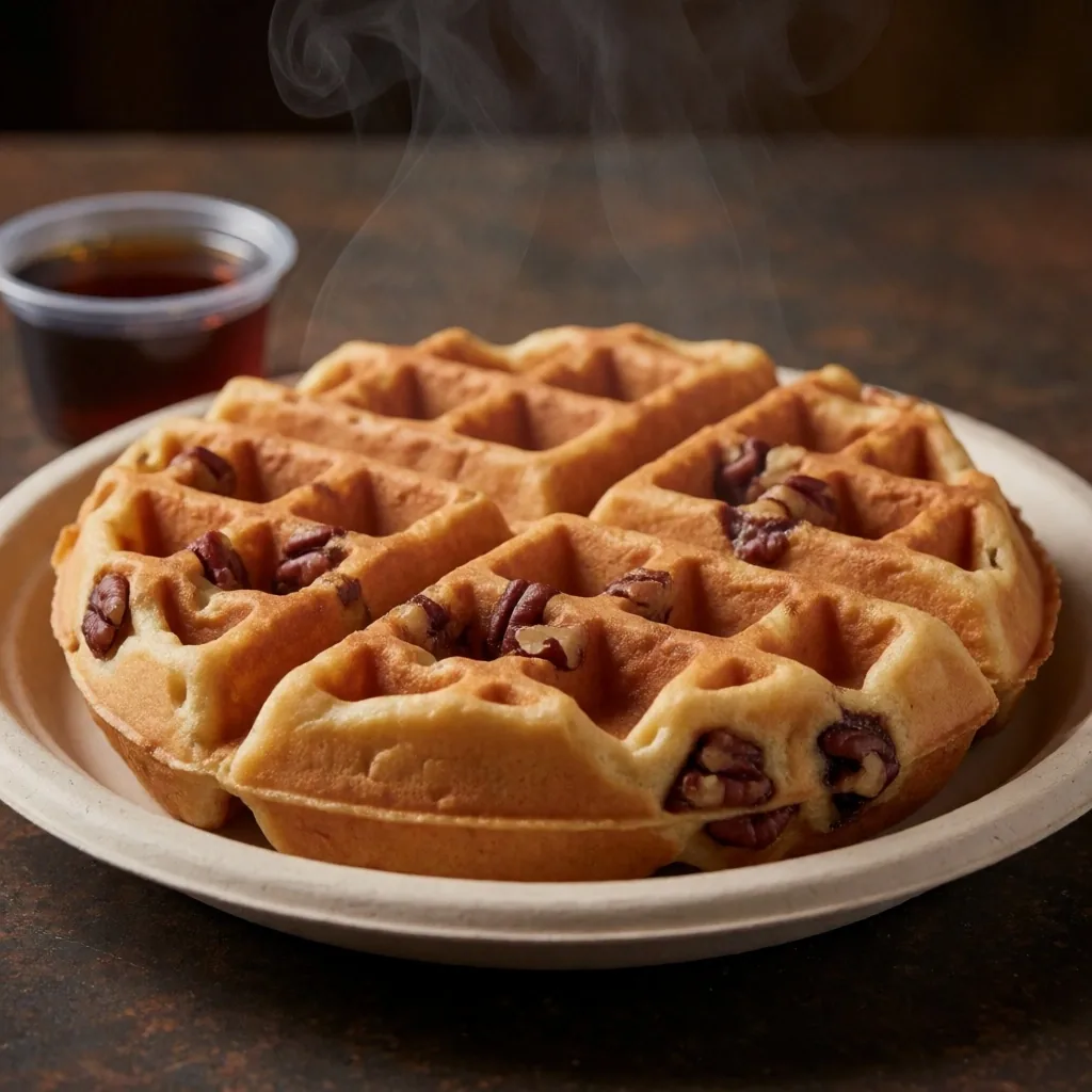 Single pecan waffle on a takeout plate with syrup cup