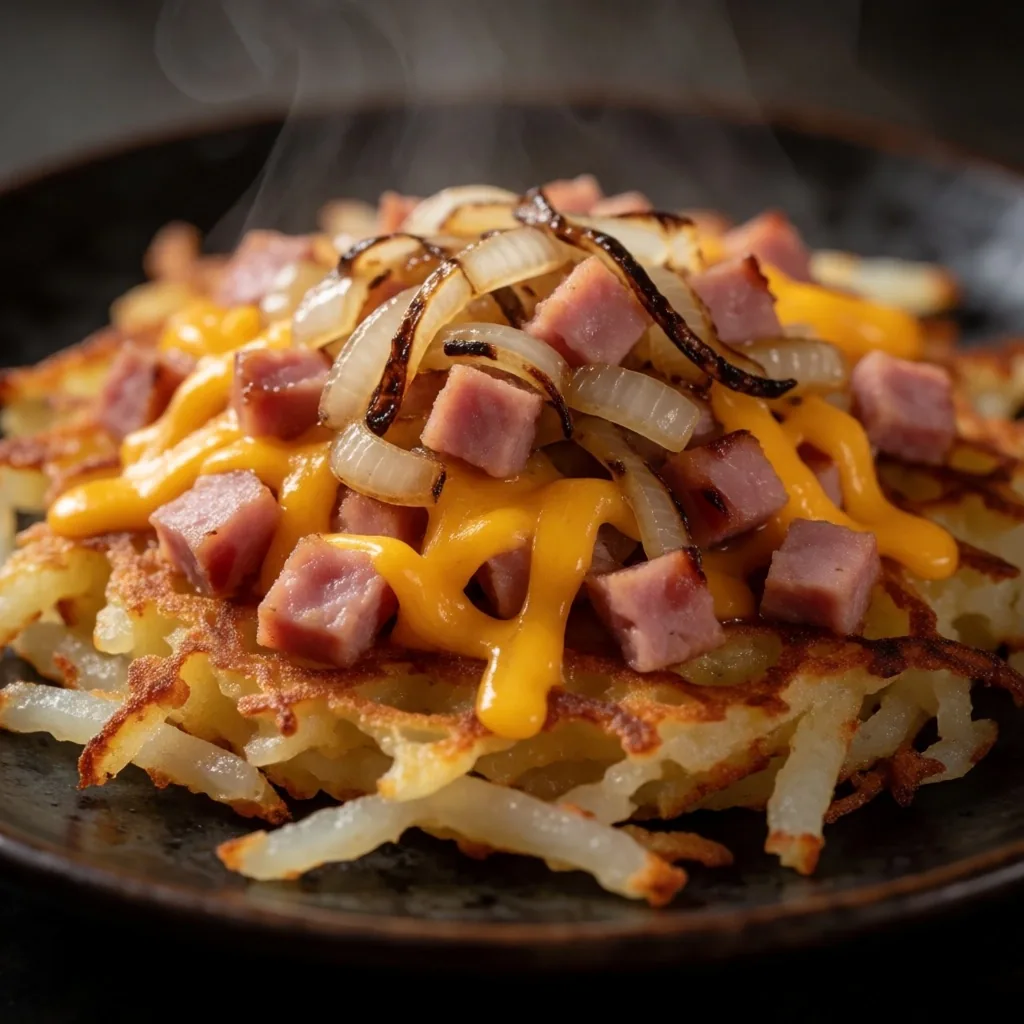 Hashbrowns with scattered toppings on a dark diner counter