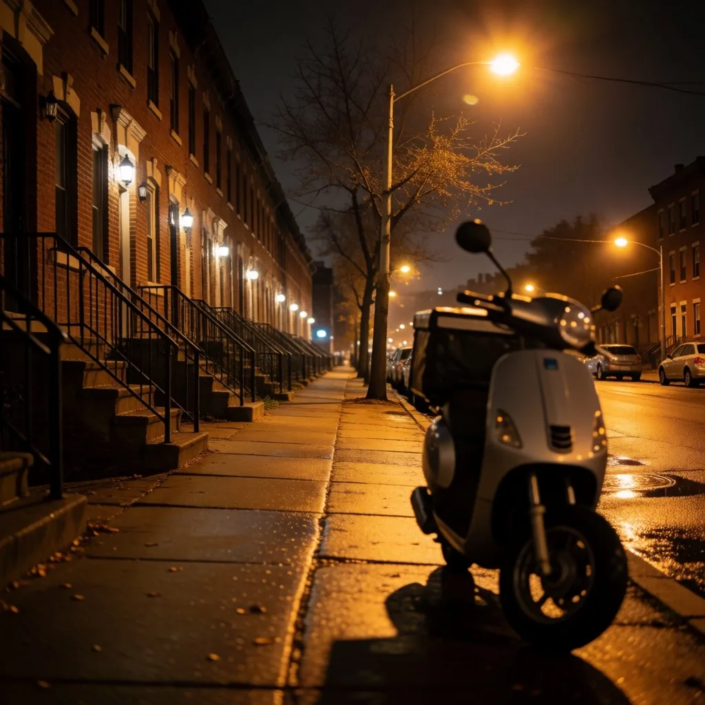A residential Chicago street at night with a parked delivery scooter