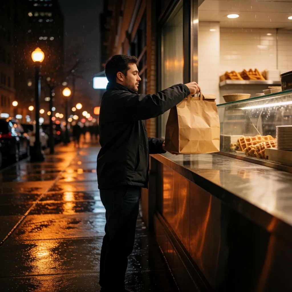Courier picking up a takeout order from a restaurant counter at night