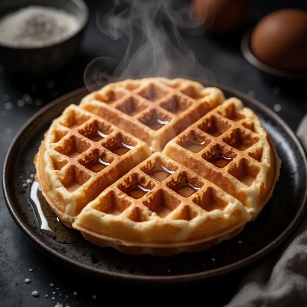 Freshly cooked waffle on a dark plate under warm market light
