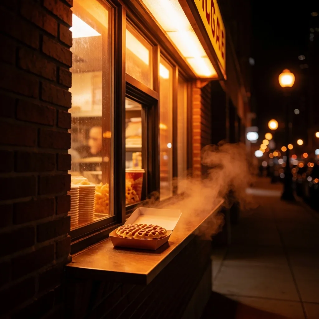 Warm-lit Chicago night food counter with menu board