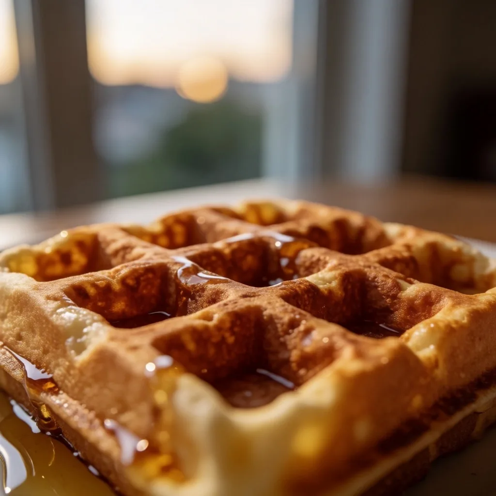 A close view of a freshly made waffle under warm night-market light
